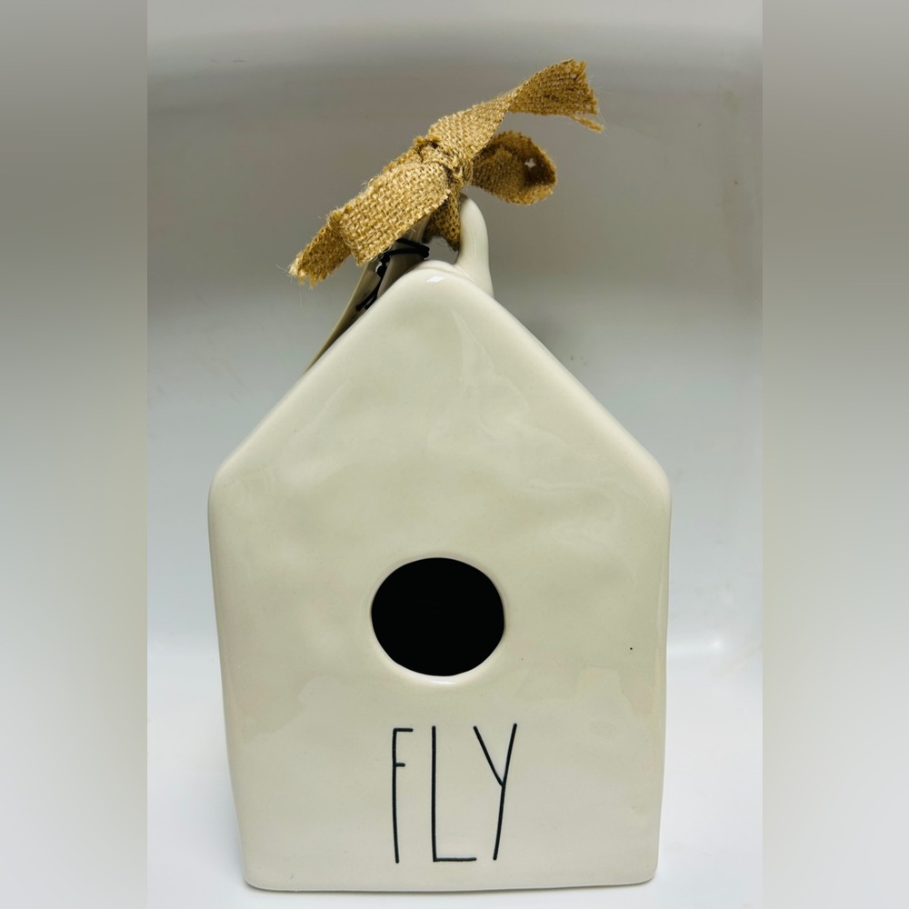 Rae Dunn bird house, white ceramic with black letter FLY & burlap ribbon. NEW